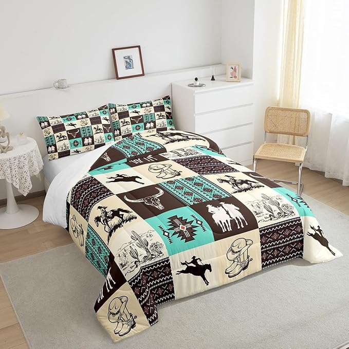 Western Cowboy Comforter Set King Size,Cow Skull Desert Cactus Bedding Set,Rustic Aztec Tribal Striped Quilt Set,Kids Teens Adult Room Decor,Brown Turquoise Geometric Plaid Duvet Insert 3Pcs