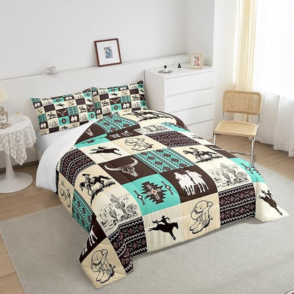 Western Cowboy Comforter Set King Size,Cow Skull Desert Cactus Bedding Set,Rustic Aztec Tribal Striped Quilt Set,Kids Teens Adult Room Decor,Brown Turquoise Geometric Plaid Duvet Insert 3Pcs