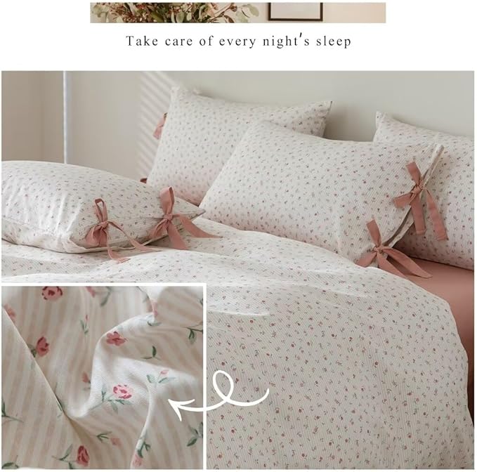 MKXI Garden Comforter Small Flowers Print Girls Pink Floral Twin XL Comforter Set White Soft Comforter Twin Pink Stripes Comforter with Cute Bow Pillowcases Youthful Aesthetic Bedding