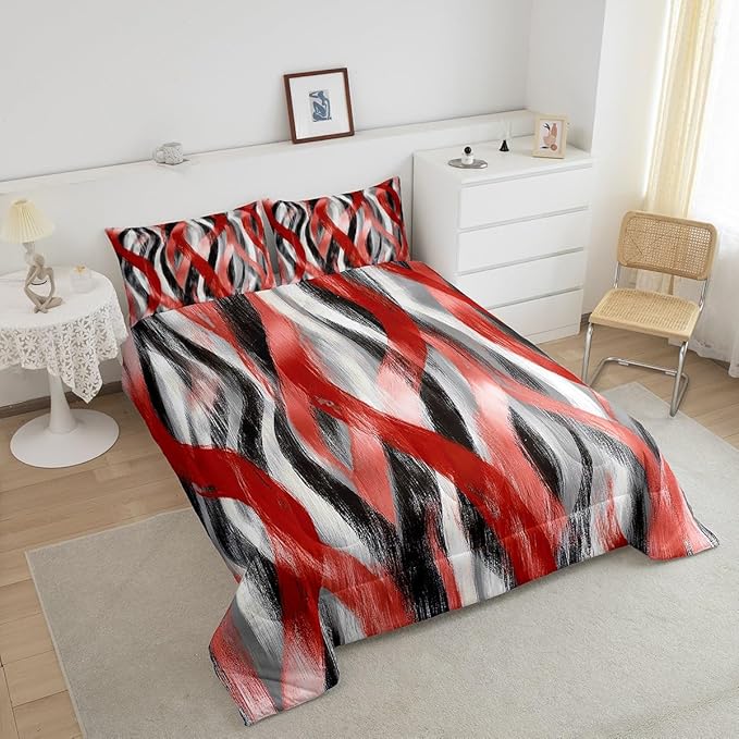 Erosebridal Geometric Stripes Comforter Full Modern Abstract Comforter Set Grey Black Red Bedding Set for Kids Boys Teen Men Swirl Lines Quilt Duvet Room Decor 3 Pcs