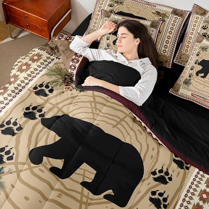 Erosebridal Bear 7 Piece Comforter Set Queen Rustic Cabin Decor Bedding Set Kids Teens Tribal Wild Animals Bed in A Bag Western Aztec Quilt Stump Bear Paw Print Sheet Set Exotic Nordic Style