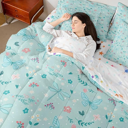 Feelyou Butterfly Dragonfly 7 Piece Bedding Set Mint Green Comforter Set with Sheets for Kids Boys Girls Flowers and Plants Bed in a Bag Nature Plants Bed Set Soft Lightweight