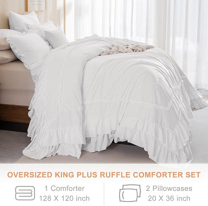 QSH Oversized King Comforter 128x120,3PCs Natural White Farmhouse French Country Ruffled Bedding Comforter Set Shabby Boho Chic California King Bed Comforter Rustic Lightweight Soft Microfiber Bedding