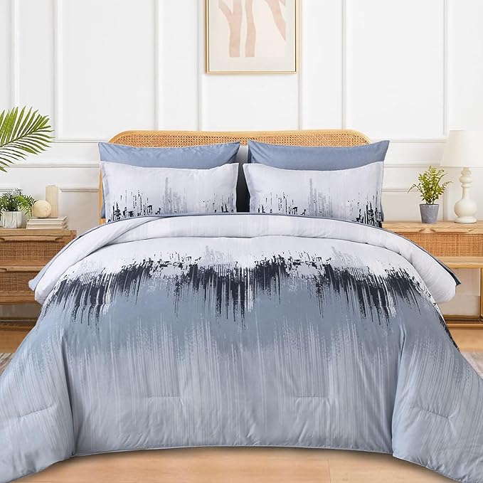 WONGS BEDDING Comforter Set Queen, Blue 7 Pieces Bed in a Bag Abstract Gradient Comforter Dusty Blue Soft Microfiber Bedding with Comforter, Flat Sheet, Fitted Sheet, Pillow Shams,Pillowcases