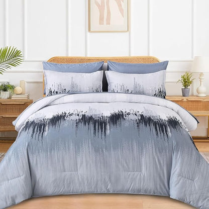 WONGS BEDDING Comforter Set Queen, Blue 7 Pieces Bed in a Bag Abstract Gradient Comforter Dusty Blue Soft Microfiber Bedding with Comforter, Flat Sheet, Fitted Sheet, Pillow Shams,Pillowcases