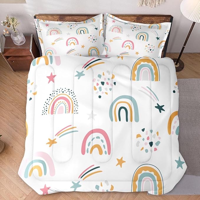 Full Size Comforter Set with 2 Pillowcases, Boho Rainbow Kids Cute Nursery Sweet Soft 3 Pcs Bedding for Kids and Adults Bedroom Bed Decor