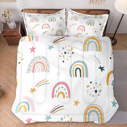Full Size Comforter Set with 2 Pillowcases, Boho Rainbow Kids Cute Nursery Sweet Soft 3 Pcs Bedding for Kids and Adults Bedroom Bed Decor