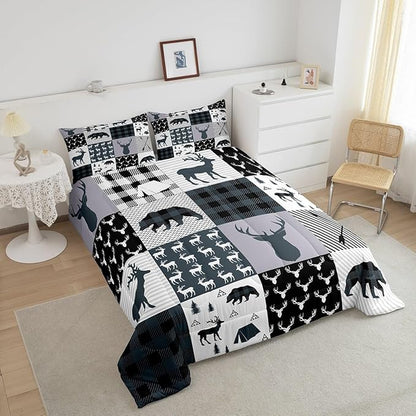 Feelyou Rustic Deer Bear Comforter Set King, Camping Hunting Comforter Set for Kids Western Farmhouse Comforter Bear Antler Silhouette Duvet Set Breathable Quilt Set 3Pcs