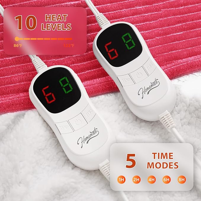 Homemate Electric Heated Blanket Queen Size - 84"x90" Heating Blanket Queen Size Dual Control 1/2/4/6/8 Hours Auto-Off 10 Heat Level Over-Heat Protection Soft Flannel Sherpa ETL Certification