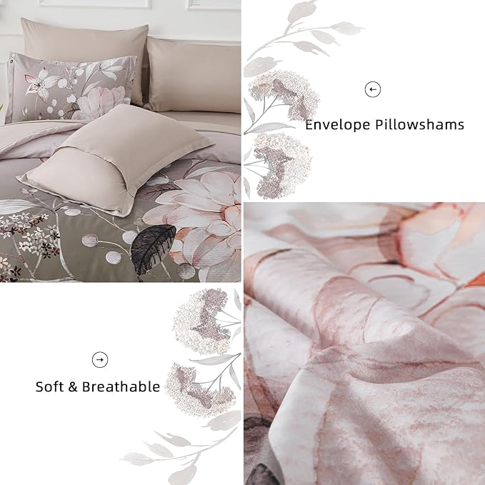 Drucon Queen Comforter Set - 7 Pieces Floral Brown Soft Bedding Sets, Queen Bed in a Bag with Botanical Flowers Comforter, Sheets, Pillowcases & Shams