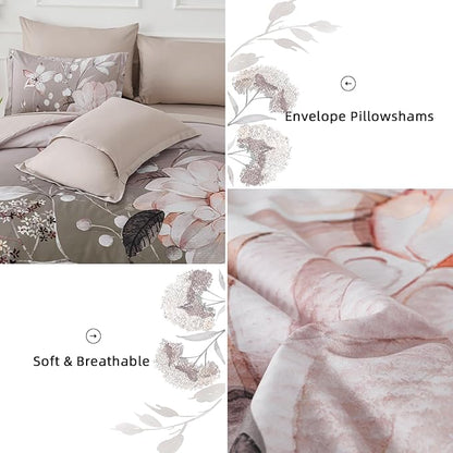 Drucon Brown Comforter Set King Size - 7 Pieces Floral Bedding Sets, Soft Botanical Flowers Comforter Bed in a Bag with Sheets, Pillowcases & Shams