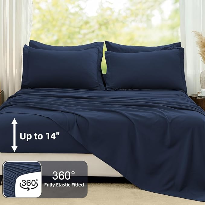 FUANNA Queen Comforter Set Navy Blue, 7 Pieces Soft Bedding Sets Queen Size, All Season Lightweight Bed in a Bag with Comforter, Flat Sheet, Fitted Sheet, Pillowcases & Shams