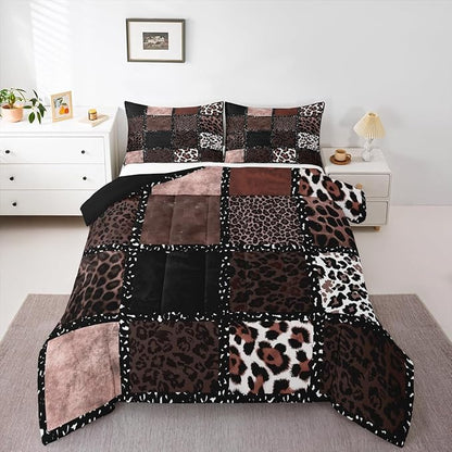 Erosebridal Brown Leopard Print Comforter King Size for Kids Teens Adults,Animal Skin Texture Bedding Set,Patchwork Geometric Duvet Insert,Farmhouse Quilt Bedroom Decor