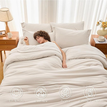 MUXHOMO 5 Pieces Twin Comforter Set, Soft Bed in a Bag Twin Size, All Season Bedding Set with Comforter, Flat Sheet, Fitted Sheet, Pillowcases & Shams, Beige