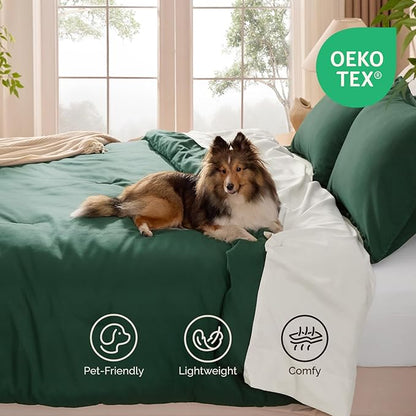 Andency Dark Emerald Green California King Comforter Set, 3 Pieces Cal King Lightweight Soft Boho Solid Bed Set, Oversized Fluffy Microfiber Bedding Set for Adults