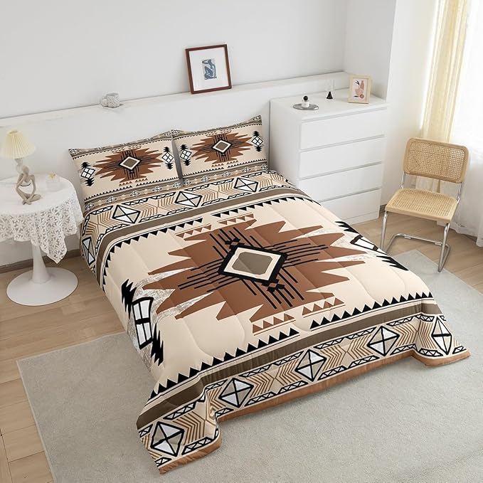 Feelyou Boho Comforter Set Queen Size Southwest Native American Design Comforter Southwestern Geometric Bedding Set Western Decor Duvet Set Beige Brown Quilt Set