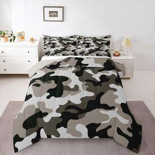 Camouflage Comforter Set Grey Camo Bedding Sets Queen Size Militarily Army Down Comforter For Boys Teens Men Adult Tie Dye Retro Geometric Warm Soft Quilted Duvet 3Pcs Bedroom Decor, All Season