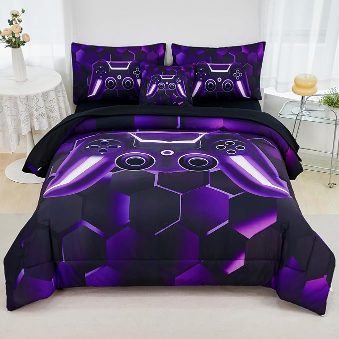 URBONUR Gaming Comforter Sets for Boys Queen Black Purple 6 Pcs Gamer Bed in a Bag Soft Lightweight Game Console Printed Bedding Set (Purple, Queen)