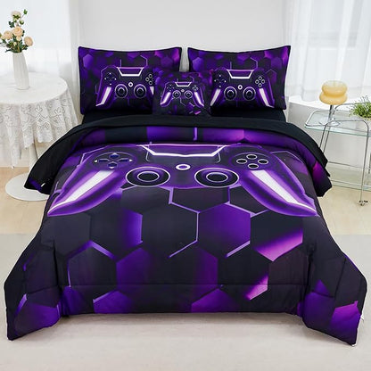 URBONUR Gaming Comforter Sets for Boys Queen Black Purple 6 Pcs Gamer Bed in a Bag Soft Lightweight Game Console Printed Bedding Set (Purple, Queen)