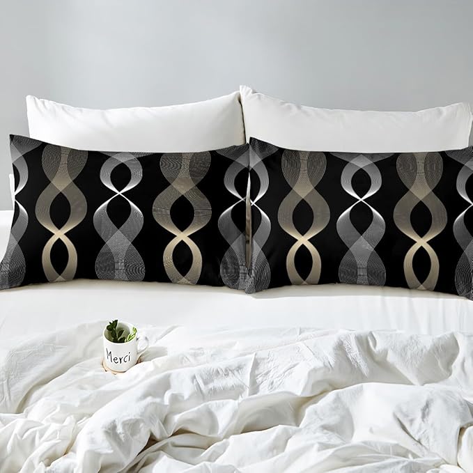 Erosebridal Black and Gold Toddler Comforter Set, Gold Striped Abstract Bedding Set for Men Women Adults Teens, Contemporary Boho Modern Art Comforter, Ombre Geometric Stripes Artistic Quilt