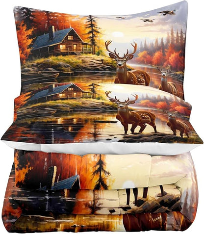 LUVIVIHOME 3PCS Deer Comforter Set King Size, Mallard Duck Elk Moose Lake Mountain Fall Tree Forest Animal Wildlife Hunting Hunter Country Lodge Rustic Farmhouse Cabin Bedding Sets, 2 Pillow Shams