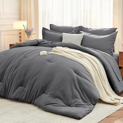 MUXHOMO 7 Pieces California King Comforter Set, Soft Bed in a Bag Cal King Size, All Season Bedding Set with Comforter, Flat Sheet, Fitted Sheet, Pillowcases & Shams, Dark Grey