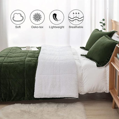 Seward Park Olive Green Sherpa Comforter Set Twin XL Size, All Season Soft Warm Fleece Fall Blanket, Winter College Dorm Bedding Sets with 1 Pillow Sham