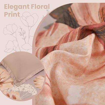 King Size Comforter Set - 7 Pieces Floral Comforter and Sheet Set, Khaki King Size Bed in a Bag, Soft Microfiber Flower Complete Bedding Set for All Seasons（Khaki,104"x90"）