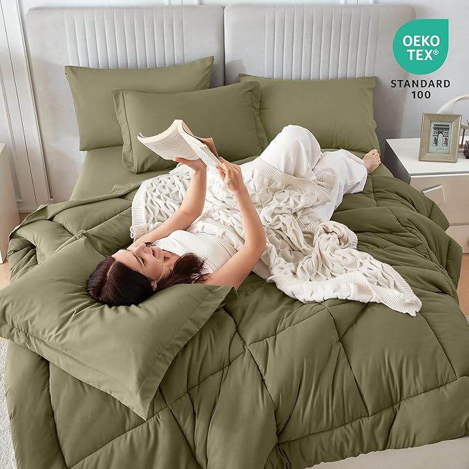 Sasttie King Size Comforter Set, 7 Pieces Bed in a Bag King, Complete Bedding Set Includes Comforter, Flat Sheet, Fitted Sheet, Pillowcases and Pillow Shams, Olive
