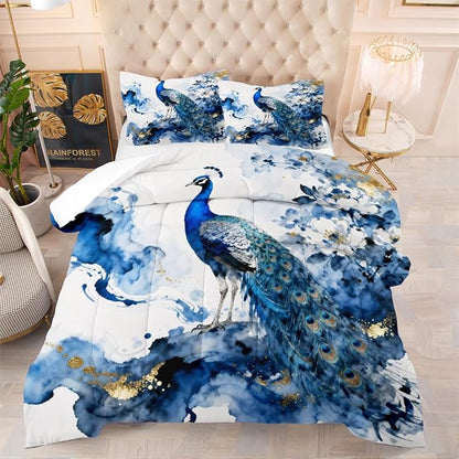 Peacock Comforter Set Queen 3 Pieces Blue Floral Bird Bedding Set for Teens Elegant Comforter with 2 Pillowcase, Super Soft Microfiber All Season