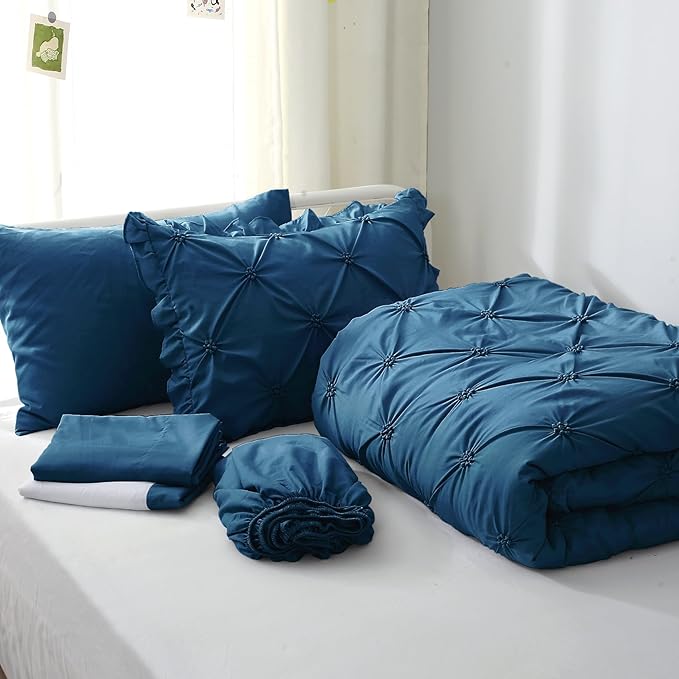 JOLLYVOGUE Teal Twin Size Comforter Sets 5 Pieces, Pintuck Bed in a Bag Comforter Set for Bedroom, Bedding Comforter Sets with Comforter, Sheets,Ruffled Shams & Pillowcases