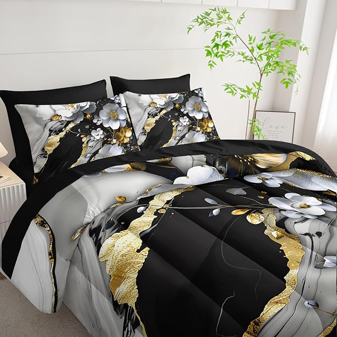7 Piece Marble Floral Comforter Set King，Black and White Marble Bedding Set，Black and Gold Marble Bedroom Decor，(1 Comforter, 1 Flat Sheet, 1 Fitted Sheet, 2 Pillowcase and 2 Pillow Sham)
