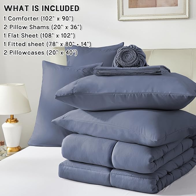 Anluoer King Comforter Set 7 Piece, Grayish Blue Bed in a Bag with Sheets, Comforters King Size Bedding Sets with 1 Comforter, 2 Pillow Shams, 2 Pillowcases, 1 Flat Sheet,1 Fitted Sheet