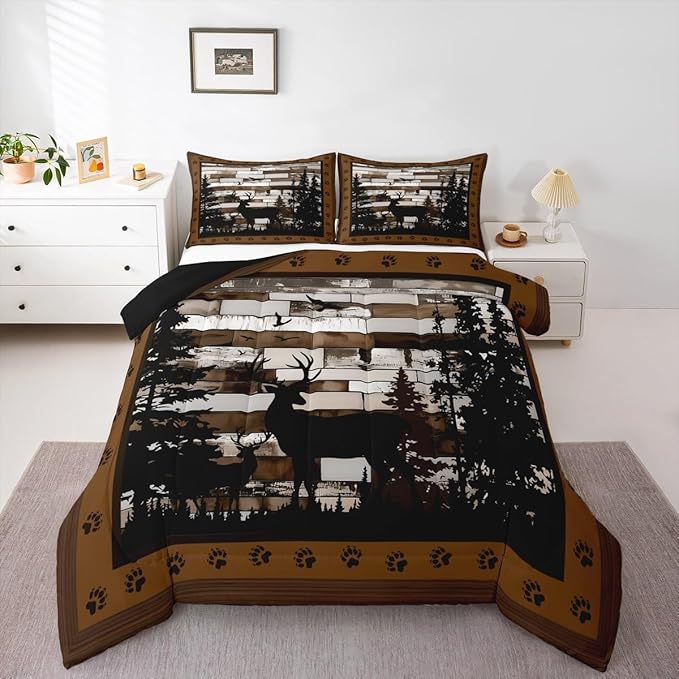 Feelyou Rustic Deer Bedding Set Wild Animals Hunt Comforter Set for Kids Boys Girls Brown Wooden Comforter Paw Print Quilt Set Bedroom Collection 3Pcs Queen Size
