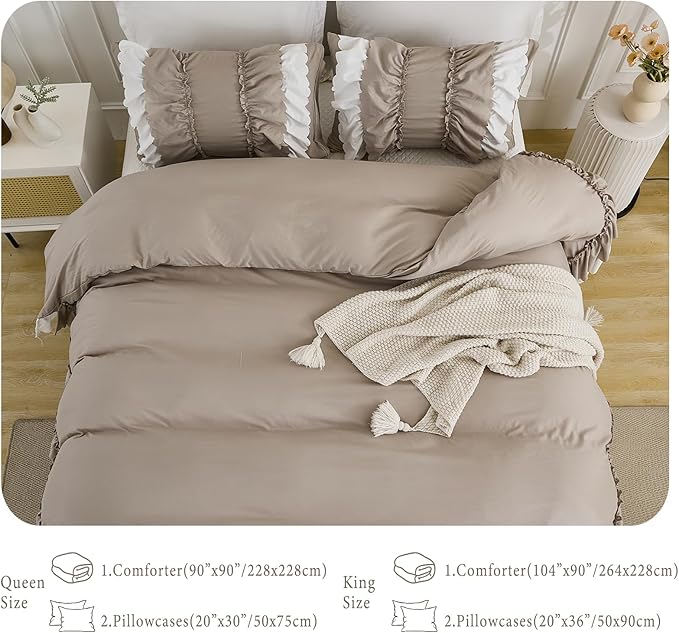 Herside Taupe Ruffle Comforter Set King Size,Shabby Chic Boho Bedding Sets, Soft Fluffy Comforters Sets for All Season,Vintage Ruffled 3 Pcs Microfiber Lightweight Quilt Set for Women Girls