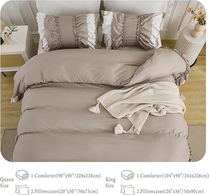 Herside Taupe Ruffle Comforter Set King Size,Shabby Chic Boho Bedding Sets, Soft Fluffy Comforters Sets for All Season,Vintage Ruffled 3 Pcs Microfiber Lightweight Quilt Set for Women Girls