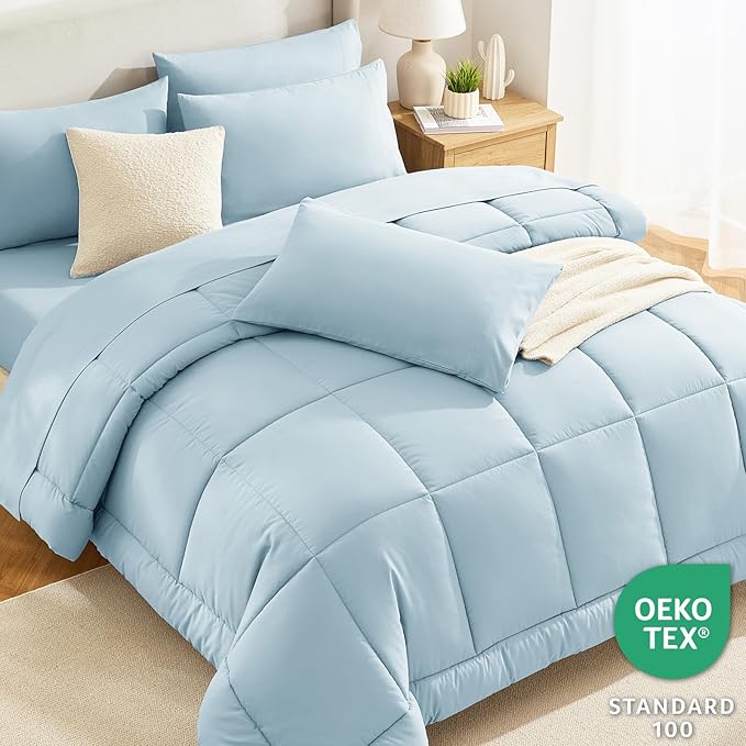 CozyLux King Size Comforter Set Light Blue, 7 Pieces Bed in a Bag, Blue Comforter King Size, All Season Bedding Sets with Stitch Quilted Comforter, Flat Sheet, Fitted Sheet, Pillowcases