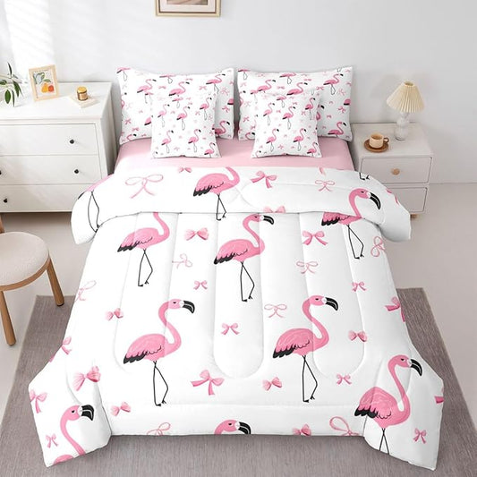Erosebridal Bowknot Flamingo Girls Kawaii Black Pink Full Comforter Set 7 Pieces | Princess Bed in A Bag for Bedroom Animal Aesthetic Y2K Bedding Set with Comforters Cute Bow Room Decor