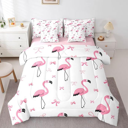 Erosebridal Bowknot Flamingo Girls Kawaii Black Pink 7 Piece Bedding Set Twin | Princess Comforter Set with Sheets Animal Aesthetic Y2K Bed in A Bag Cute Bow Bed Sets