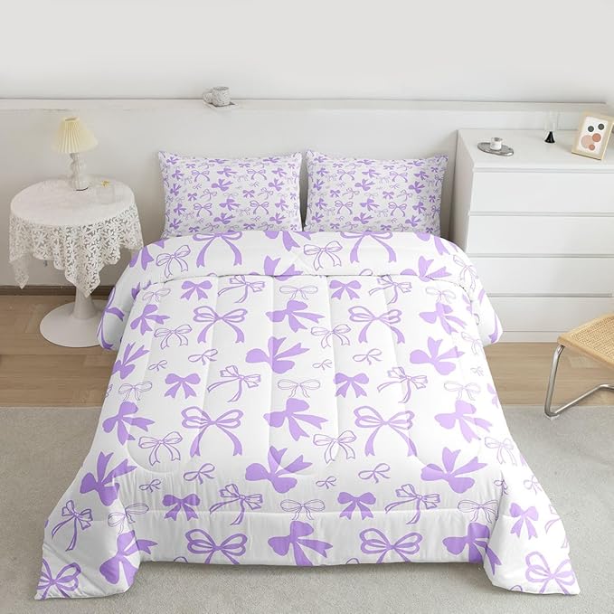 Erosebridal Cute Coquette Bowknot Comforter Set Purple Dreamy Bow King Bedding Set for Girls,Princess Style Kawaii Comforter Sets Purple Watercolor Bow Tie Bed Set for Kids Teen Women