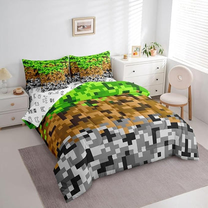 Pixelated Miners Gaming 7pcs Comforter Set King Size,Green Brown Grey Bedding Sets Kids Boys Teens Room Decor,Geometric Block Flat + Fitted Sheet Construct Theme Games 2 Cushion Cover,2 Pillowcase