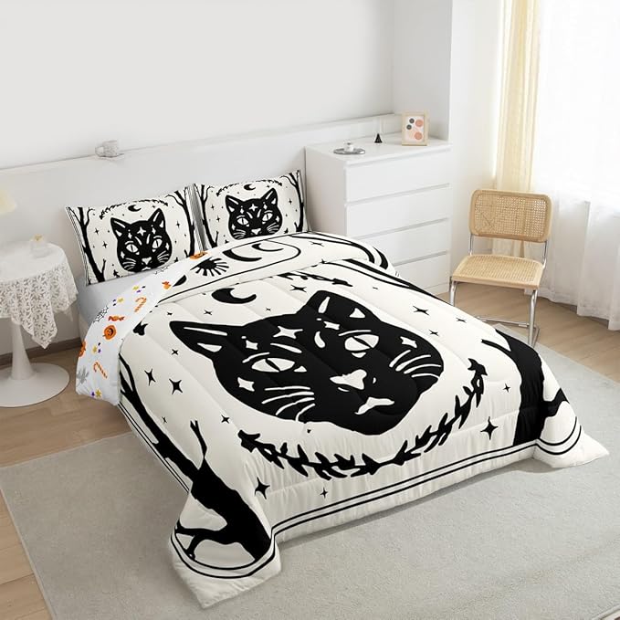Erosebridal Gothic Cat Comforter Set Twin, Halloween Cat Decor Bedding Set for Kids Boys Teens Men Gothic Bedroom Decor, Goth Comforter, Sun and Moon Quilt, 2 Piece with 1 Pillowcase