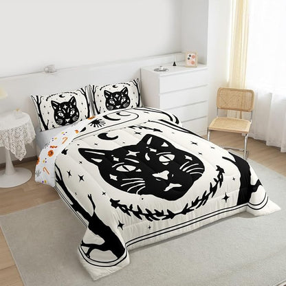 Erosebridal Gothic Cat Comforter Set Toddler, Halloween Cat Decor Bedding Set for Kids Boys Teens Men Gothic Bedroom Decor, Goth Comforter, Sun and Moon Quilt, 2 Piece with 1 Pillowcase