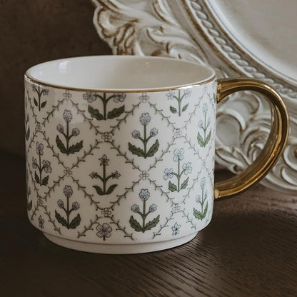 Sweet Water Decor Floral Quilted Coffee Mug, Vintage Floral Design with Gold Handle & Rim, 14oz Fine Bone China Tea Cup, Cottage Core Spring Collection, Cute Gifts for Mother's Day, & Women's Birthday