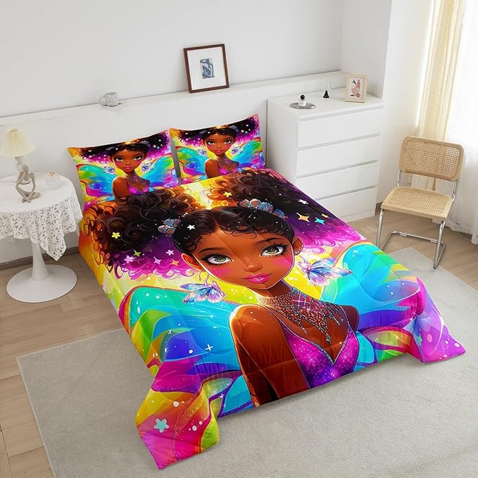 Erosebridal Black Girls Bedding Set Afro Girl Twin Comforter Set for Girls,American African Princess Magical Quilt for Toddler Kids Teenager,Dreamy Butterfly Cute Room Decor Aesthetic