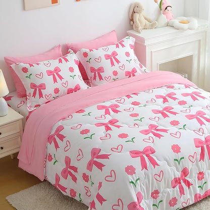 Pink Bow Comforter 7 Pieces Comforter Set Queen Size Pink Flower Bow Comforter for Girls Kids Romantic Princess Style Bow Tie Bedding Set Super Soft All Season