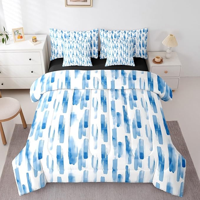 Erosebridal 7Pcs Sky Blue Abstract Geometric Queen Size Comforter Set for Women Men Adults,Boho Watercolor Bed in A Bag,Graffiti Ink Painting Modern Art Bedding, Stripes Striped Quilt