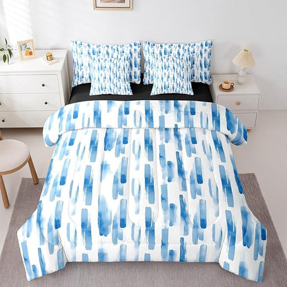 Erosebridal 7Pcs Sky Blue Abstract Geometric Full Size Comforter Set for Women Men Adults,Boho Watercolor Bed in A Bag,Graffiti Ink Painting Modern Art Bedding, Stripes Striped Quilt