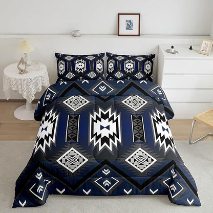 Feelyou Navy Blue Western Comforter Set Southwest Native Tribal Bedding Set Queen Size for Kids Boys Girls Teens Room Decor Boho Geometric West Comforter Soft Microfiber