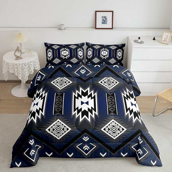 Feelyou Navy Blue Western Comforter Set Southwest Native Tribal Bedding Set Twin Size for Kids Boys Girls Teens Room Decor Boho Geometric West Comforter Soft Microfiber